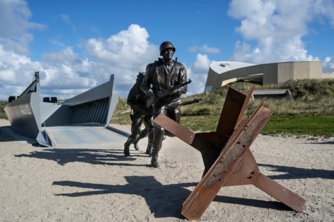 Czech hedgehog and landing craft, Musée du Débarquement Utah Beach, World War Two museum, Sainte-Marie-du-Mont, Normandy, France