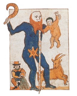This medieval illustration shows the Roman god Saturn in the traditional guise of an old man. The Zodiacal signs under his influence, Aquarius and Capricorn, are depicted on his left and right, respec...