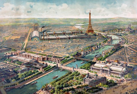 Paris Exposition, 1900. Panoramic view of the Exposition Universelle 1900, in Paris, France. Lithograph by Lucien Baylac, 1900.