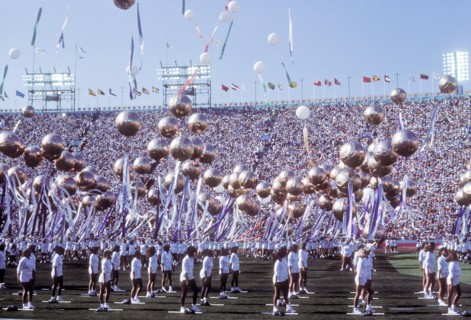 On-field festivities during Opening Ceremonies at L.A. Memorial Coliseum during 1984 Olympic Games in Los Angeles.