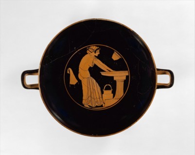 Terracotta kylix (drinking cup), Archaic, ca. 500 B.C., Greek, Attic, Terracotta; red-figure, H. 4 7/16 in. (11.2 cm), Vases