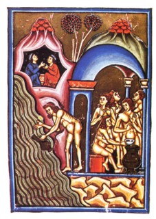 . Italiano: Pietro da Eboli (XIII secolo) 'De Balneis Puteolanis'. Miniatura del Codice Angelico Ms. 1474 (Biblioteca Angelica di Roma), che mostra il 'Balneum Sudatorium' (conosciuto anche come 'Stuf...