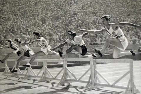 Photograph of Mildred Ella "Babe" Didrikson Zaharias (1911 - 1956)  winning the 80m Hurdles at the 1932 Olympic games. Babe gained world fame in track and field and All-American status in basketball.