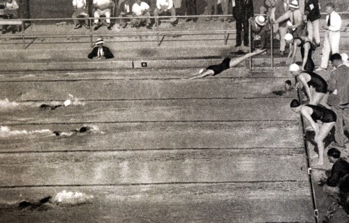 Photograph of the 4x100 meter swimming relay at the 1932 Olympic games. Won by the USA, second Netherlands and third Great Britain.