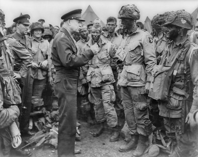 General Dwight D. Eisenhower addresses American paratroopers prior to D-Day.