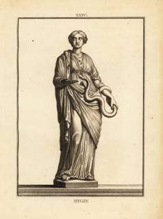 Hygieia, Greek and Roman goddess of health and cleanliness, daughter of the god of medicine Asclepius. Copperplate engraving by Francois-Anne David from Museum de Florence, ou Collection des Pierres G...