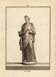 Hygieia, Greek and Roman goddess of health and cleanliness, daughter of the god of medicine Asclepius. Copperplate engraving by Francois-Anne David from Museum de Florence, ou Collection des Pierres G...