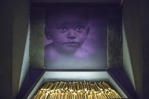 The remains of known victims of the 1994 Rwandan Genocide remain interred and on display inside of of the Kigali Genocide Memorial as a testament to t