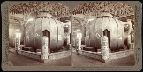 Stereograph image of the biggest teapot on earth, holding a million cups of tea. Pure Food Exhibit, Jamestown, Virginia, 1907.