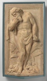 Saturn, The god stands on the left leg and with the right bent on a protruding floor for a flat background with an egg frame. He bends the bearded head with the long hair separated in the middle forwa...