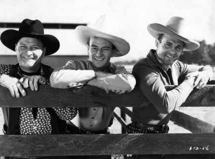 JOHN WAYNE MAX TERHUNE RAY CORRIGAN as The Three Mesquiteers in OVERLAND STAGE RAIDERS 1938 director George Sherman Republic Pictures