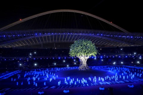 Athens, Greece 17SEP04: Colorful lights illuminate Olympic Stadium during the artistic portion of the opening ceremonies of the Athens Paralympics. ©Bob Daemmrich