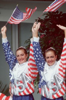 Barcelona, Spain, 1992:  Sarah & Karen Josephson, synchronized swimming gold medal winners from the United States. ©Bob Daemmrich