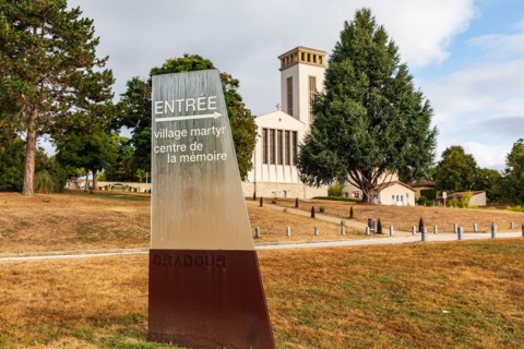 Europe, France, Haute-Vienne, Oradour-sur-Glane. Sept. 5, 2019. Entrance sign at the Memorial Center at the martyr village of Oradour-sur-Glane.