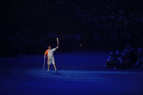 Beijing, China  September 6, 2008: Handicapped Paralympic torch-bearer at the Opening Ceremonies of the Beijing Paralympics at China's National Stadium, known as the Bird's Nest.      ©Bob Daemmrich