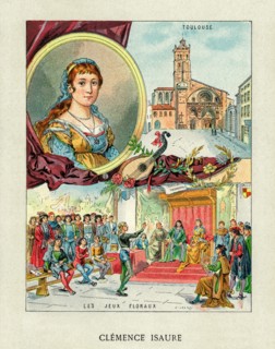Old color lithography portrait of Clemence Isaure (1463-1513) Legendary medieval woman, founder of the Acadèmia dels Jòcs Florals or Academy of Floral Games. Member of the Yzalguier family from Toulou...