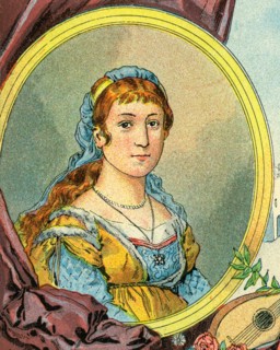 Old color lithography portrait of Clemence Isaure (1463-1513) Legendary medieval woman, founder of the Acadèmia dels Jòcs Florals or Academy of Floral Games. Member of the Yzalguier family from Toulou...