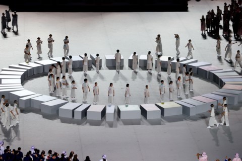 Tokyo, Japan, 23 July, 2021. Performers stand during the Opening Ceremony of the Tokyo 2020 Olympic Games . Credit: Pete Dovgan/Speed Media/Alamy Live News