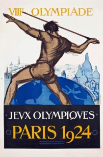 Summer Olympics Games poster - VIIIe Olympiade JEVX OLYMPQVES - Paris Olympics 1924 poster. Man throwing a spear.