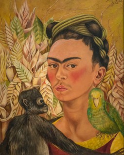 Frida Kahlo self portrait with Monkey and Parrot 1942 oil on masonite in MALBA museum, Buenos Aires, Argentina