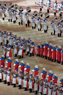 The Olympic band performs before an audience of 110,000 (Not shown), September 15th, 2000, during the opening ceremonies for the Sydney 2000 Olympics. Fifteen US Military athletes (Not shown) are comp...