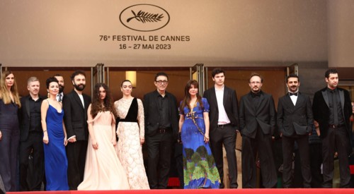 May 19, 2023, Cannes, Cote d'Azur, France: MUSAB EKICI, DENIZ CELILOGLU, EBRU CEYLAN, NURI BILGE CEYLAN, MERVE DIZDAR, ECE BAGCI and ERDEM SENOCAK attend the screening of 'About Dry Grasses' during th...