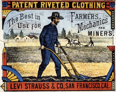 1899 , USA : The advertising for the " Patent Riveted Clothing "celebrated fashion LEVI's JEANS Denim Pants . Founded by the USA german-born industrial BLUE JEANS denim creator LEVI STRAUSS ( Löb Stra...