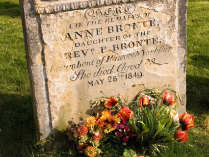 Gravestone marking the burial place of famous author Anne Bronte in St Marys churchyard Scarborough North Yorkshire