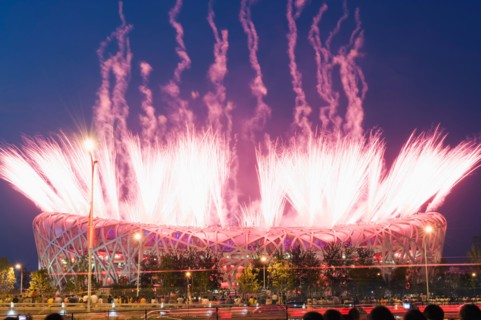 Fireworks on the Birds Nest National Stadium during the opening ceremony of the 2008 Olympic Games, Beijing, China, Asia