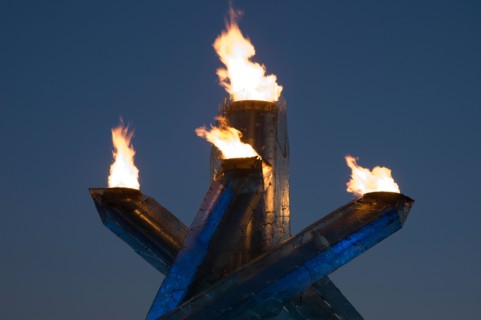 Olympic Cauldron and Olympic Flame, Vancouver 2010. Photographed on a clear, blue-sky morning.