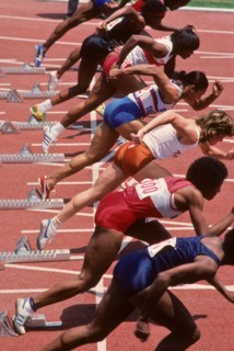 Start of a women's sprint race at the 1984 US Olympic Track and Field Trials.