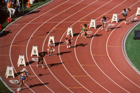 Start of a women's sprint race at the 1984 US Olympic Track and Field Trials.