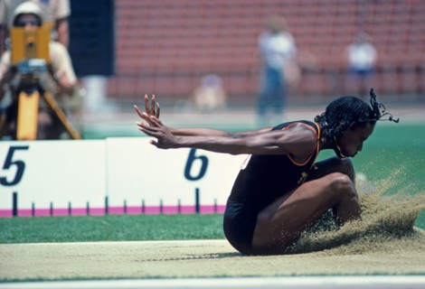 Jackie Joyner Kersee (USA) competing in the long jump during the 1984 Olympic Team Track and Field Trials, Los Angeles, CA.