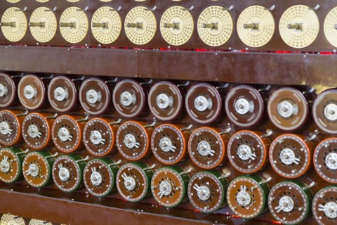 Rebuilt Turing Bombe in action at Bletchley Park, showing rotation of upper row of drums and middle row of drums