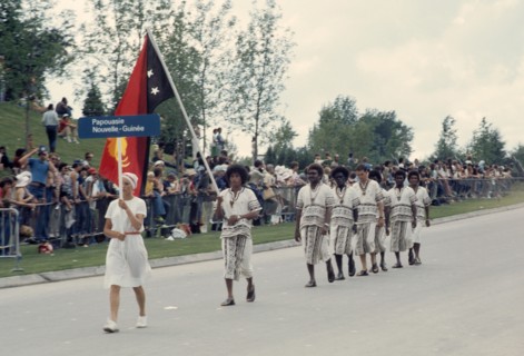 1976 Olympics in Montreal, Canada,  parade of athletes at Opening Ceremonies, New Guinea team