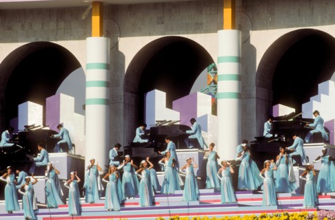 Musical performances during Opening Ceremonies at L.A. Memorial Coliseum during 1984 Olympic Games in Los Angeles.