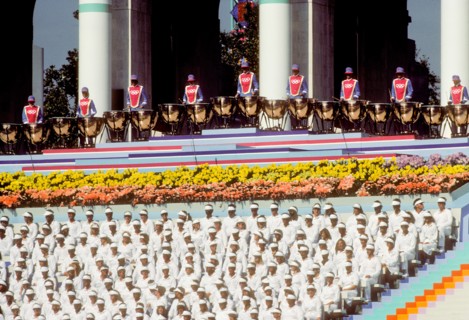 Musical performances during Opening Ceremonies at L.A. Memorial Coliseum during 1984 Olympic Games in Los Angeles.