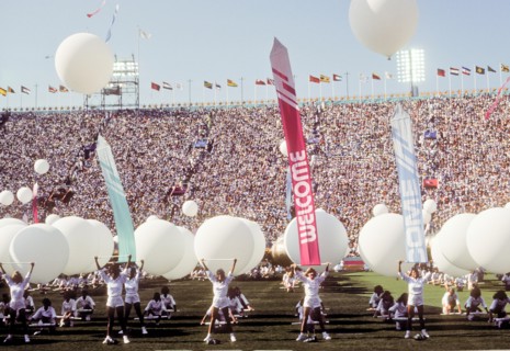 On-field festivities during Opening Ceremonies at L.A. Memorial Coliseum during 1984 Olympic Games in Los Angeles.