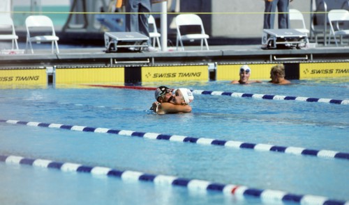 California - Los Angeles - 1984 Summer Olympic Games. USA women's swimming. Carrie Steinseifer, Nancy Hogshead, 100m freestyle