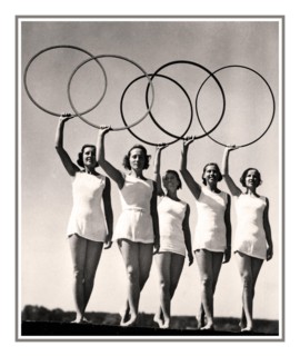 1936 Olympic Games, Berlin, Germany The Olympic Rings held aloft by five young sportswomen 1936 SUMMER OLYMPICS, BERLIN,  photo card showing blond aryan dancers with the Olympic rings, BERLIN Olympic ...