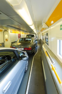 Vehicles parked on the Channel Tunnel, or Chunnel, Shuttle, train carrying them from England to France