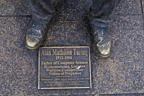Bronze statue of Alan Mathison Turing, Sackville Gardens, Gay Village Canal St, Manchester, Lancs, England, UK, M1