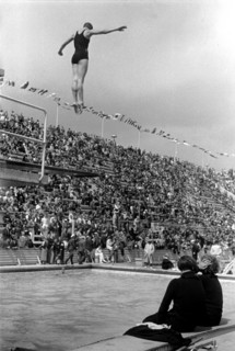 Summer Olympics 1936 - Germany, Third Reich - Olympic Games, Summer Olympics 1936 in Berlin. Women swimming competition at the swimming stadium  - platform diver - view of the jump. Image date August ...