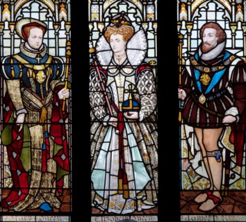 16th and 17th century Monarchs depicted by Heaton, Butler and Bayne (1871) in the Great Hall, Rochdale Town Hall, Greater Manchester, UK