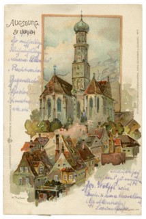 German historical postcard: Lithography of the late 19th century. Basilica of SS. Ulrich and Afra, Catholic parish in Augsburg, Bavaria, Germany