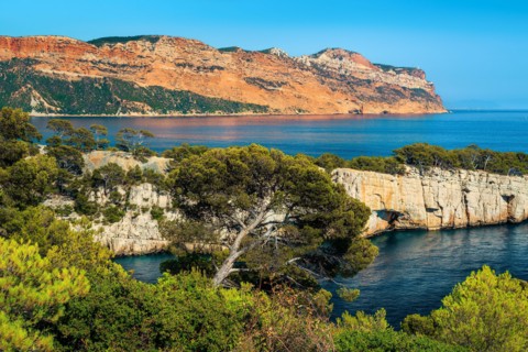 Amazing hiking place, beautiful viewpoint on the cliffs, Calanques de Port Pin bay with spectacular water bay, Calanques National Park near Cassis, Pr