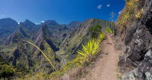 Hiking trail along the crater Cirque de Mafate near Cape Noir (La Reunion)