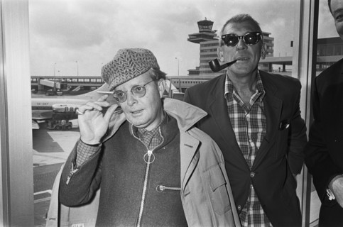 Arrival of writer Truman Capote (left) and director Richard Brooks at Schiphol Airport for the premiere of the film In Cold Blood (In Cold Blood), March 14, 1968, authors, films, directors, writers, a...