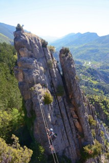 climber on via ferrata Demoiselles du Castagnet, France, Alpes Maritimes, Puget Theniers