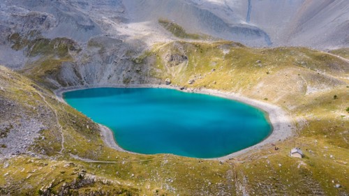 Lake of Sainte-Anne (2415 m) with the chapel of Sainte-Anne, Queyras Natural Regional Park, Ceillac, Hautes-Alpes (05), Provence-Alpes-Cote d'Azur reg